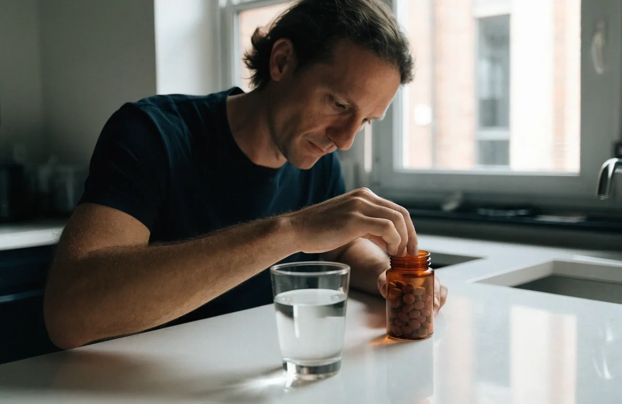 A man opening an amber supplement container beside a glass of water on a kitchen counter in the morning