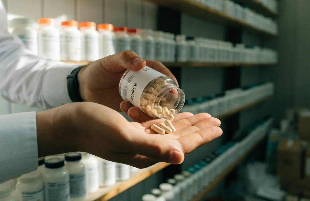 Translucent two-part capsules holding herbal powder arranged on a brushed steel plinth