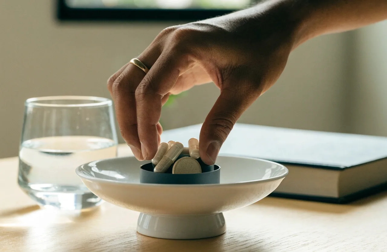 Unbranded capsules and a round tablet tipped from an open container onto an ice-white plinth
