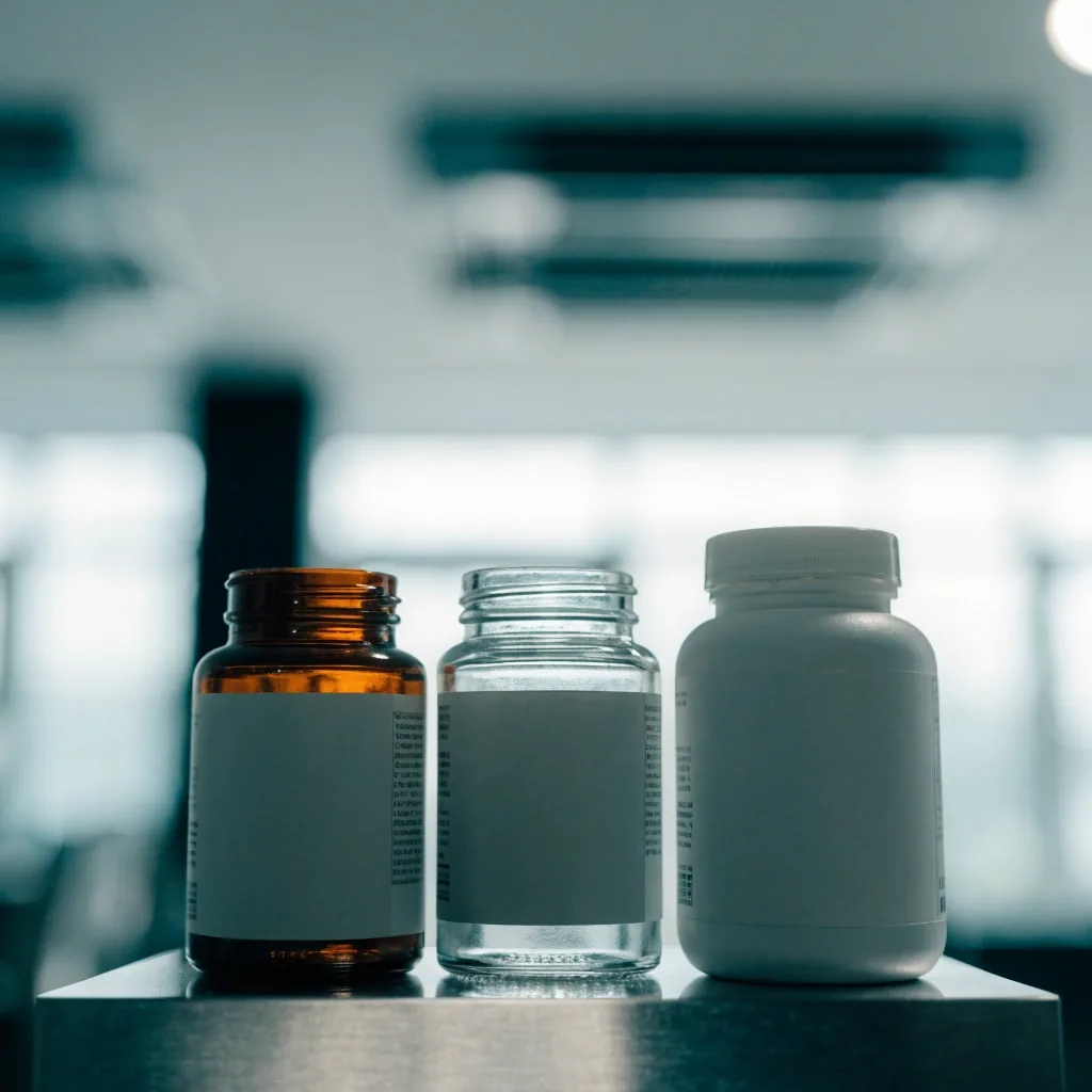 Three supplement bottles standing in a row on a brushed stainless plinth under cool light