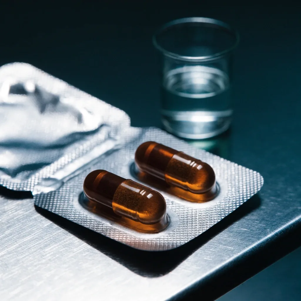 Two amber capsules in an open foil blister tray on a brushed aluminium bench, deep emerald-black field