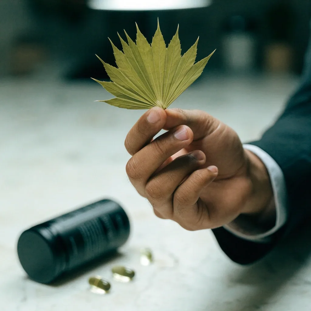 A palm leaf fragment and a matte black capsule container on a white counter under cool overhead light