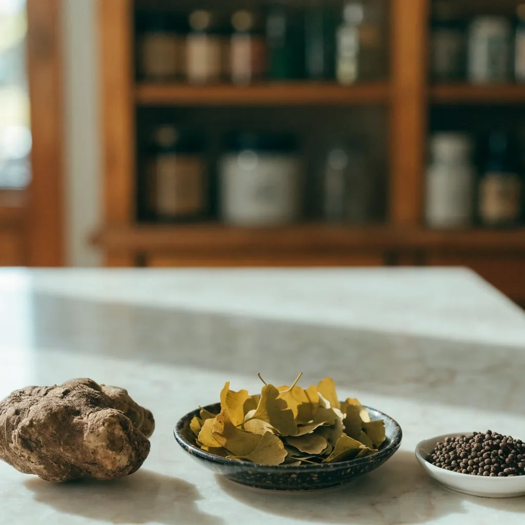 A brown maca root next to dried green ginkgo leaves on a white plinth under cool light