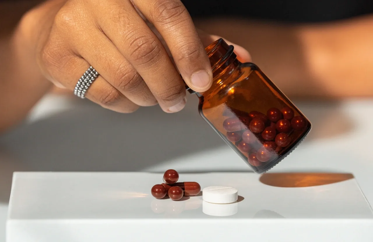 Amber capsules and a round tablet arranged on a white plinth under clean overhead light