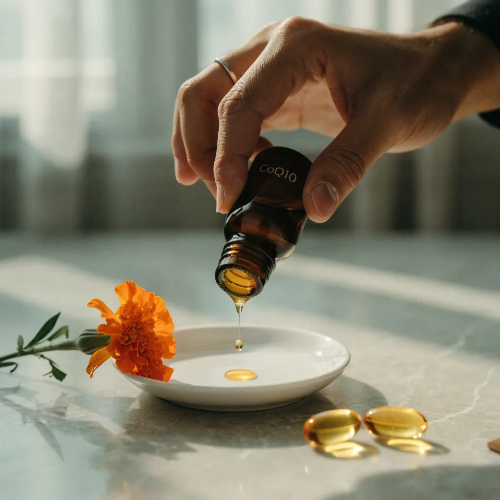 Amber oil poured from a clear glass bottle beside two golden softgel capsules on a white bench