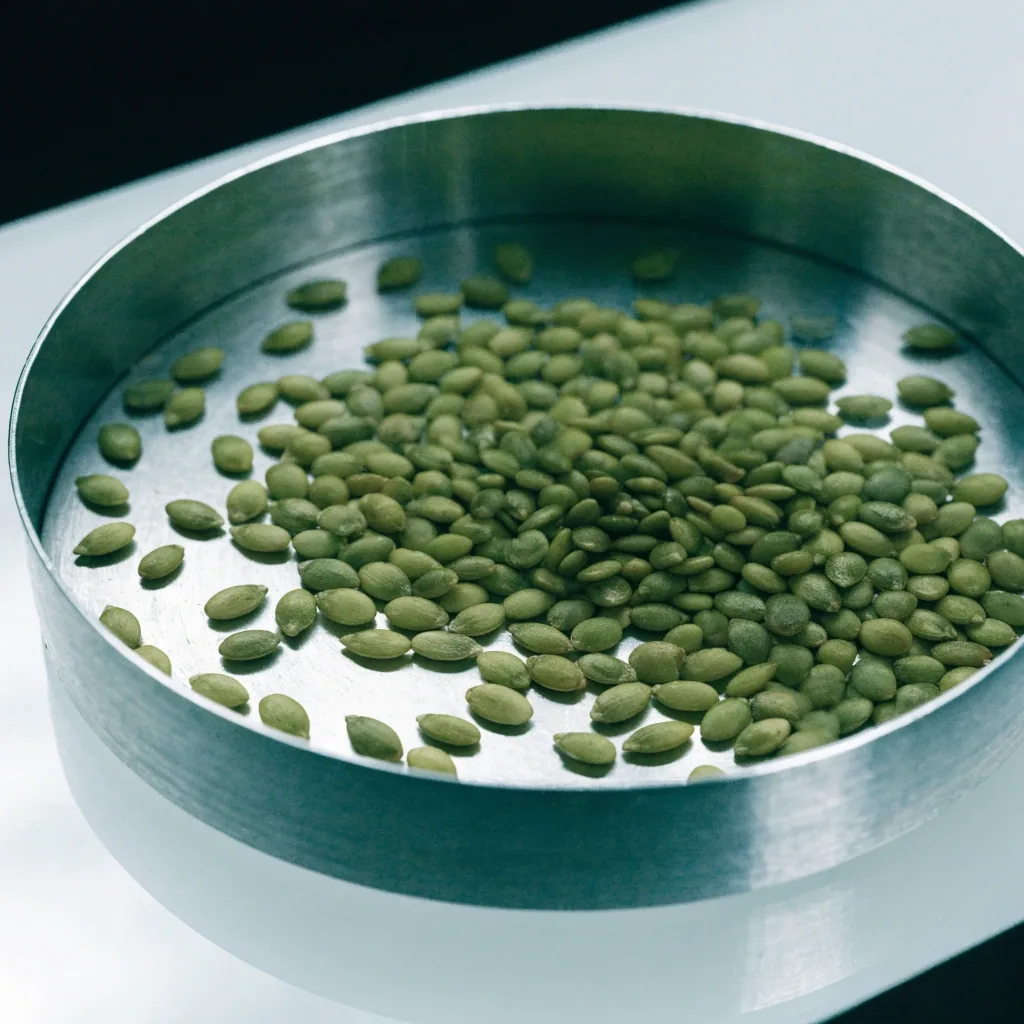 Hulled green pumpkin seeds scattered in a shallow metal tray on a white counter