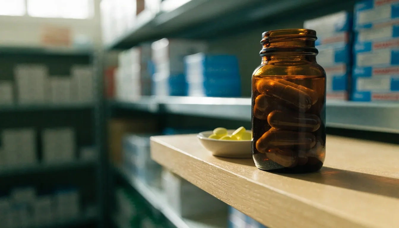 Amber capsules resting in an open foil blister tray on a matte bench under cold overhead light