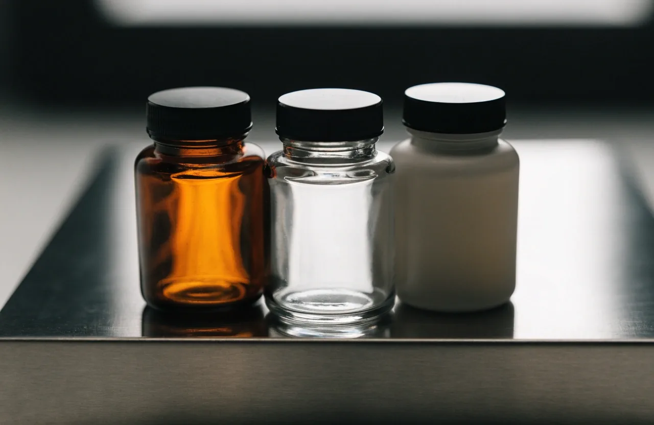 Three plain unlabelled supplement bottles standing in a row on a brushed steel plinth under cool backlight