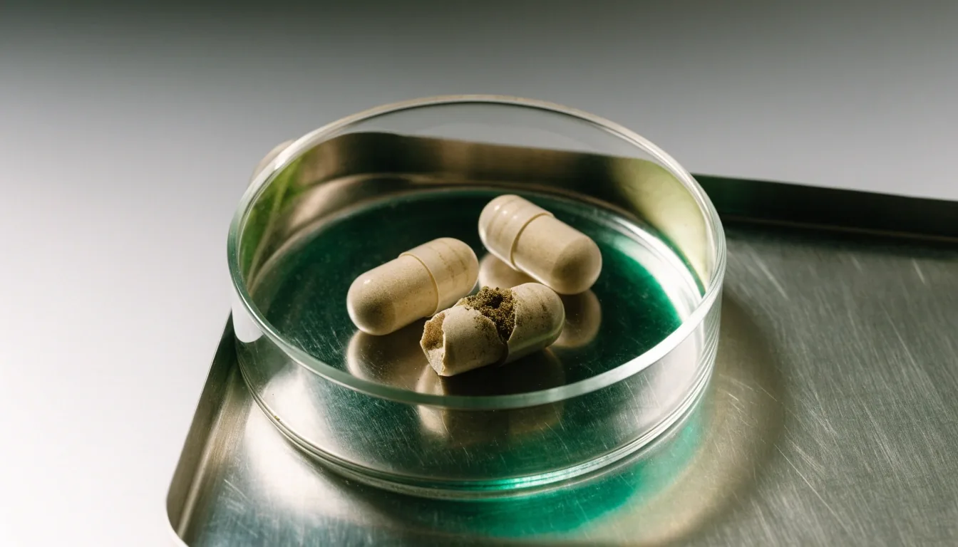 A single translucent capsule on an ice-white plinth next to one split open to show its fill