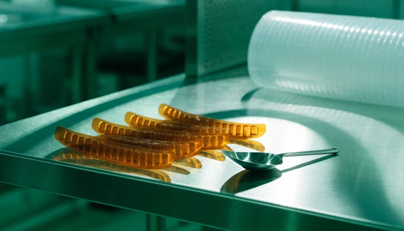 Plain blister strips arranged in a row on a cool stainless bench under cleanroom light
